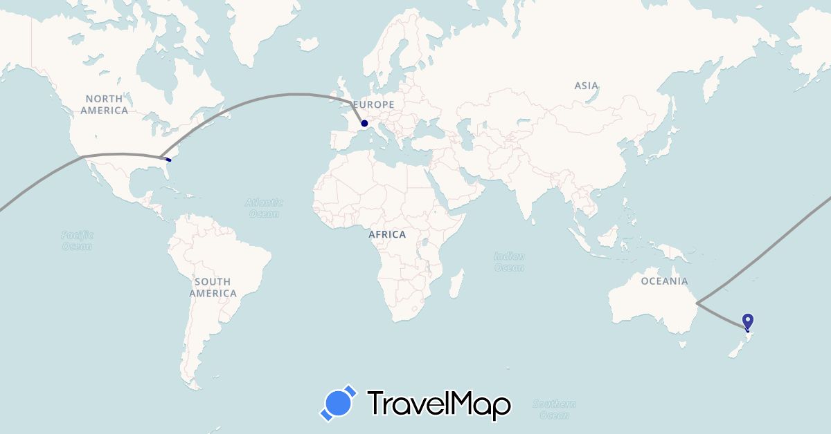 TravelMap itinerary: driving, plane in Australia, France, United Kingdom, New Zealand, United States (Europe, North America, Oceania)
